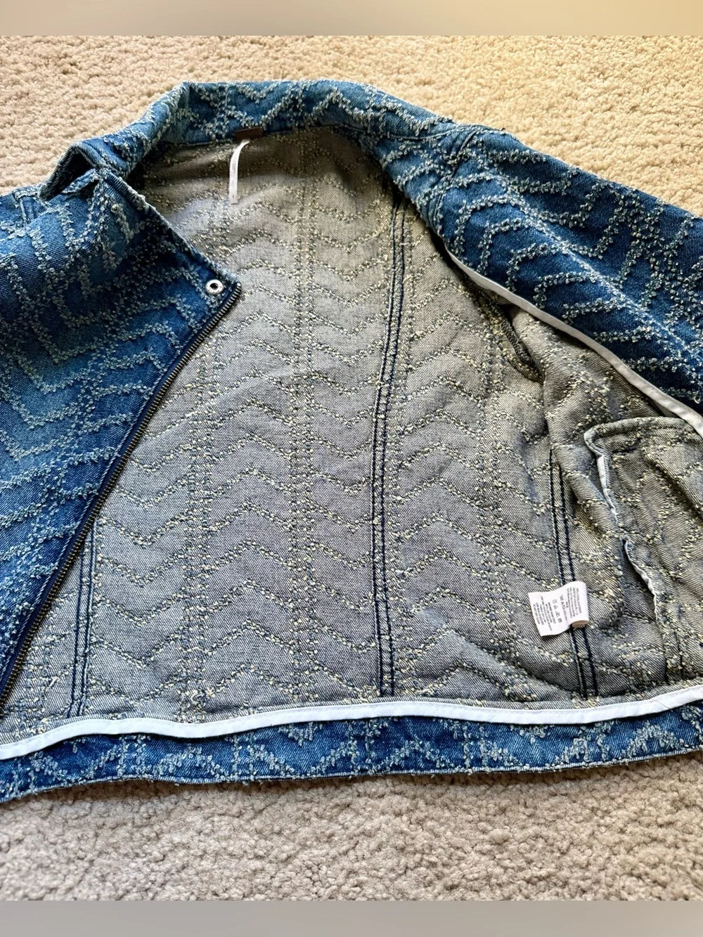 Free People Chevron Textured Denim Moto Jacket XS Rare Vintage